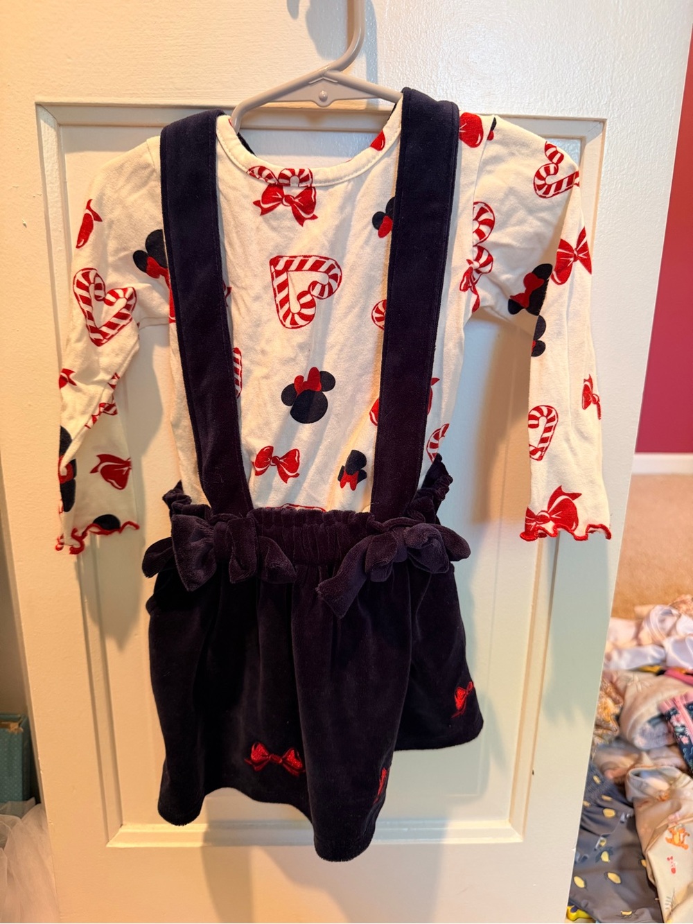 Disney Navy Velvet Suspender Skirt with White Top and Red Minnie Print